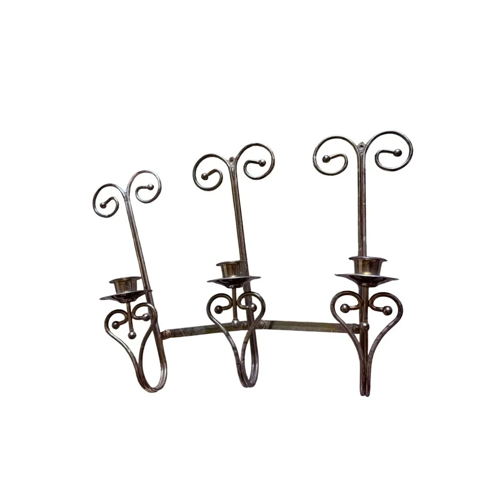 Vintage Gold Tone Metal Triple Wall Sconce Scroll Heart Candelabra Hinged Arm